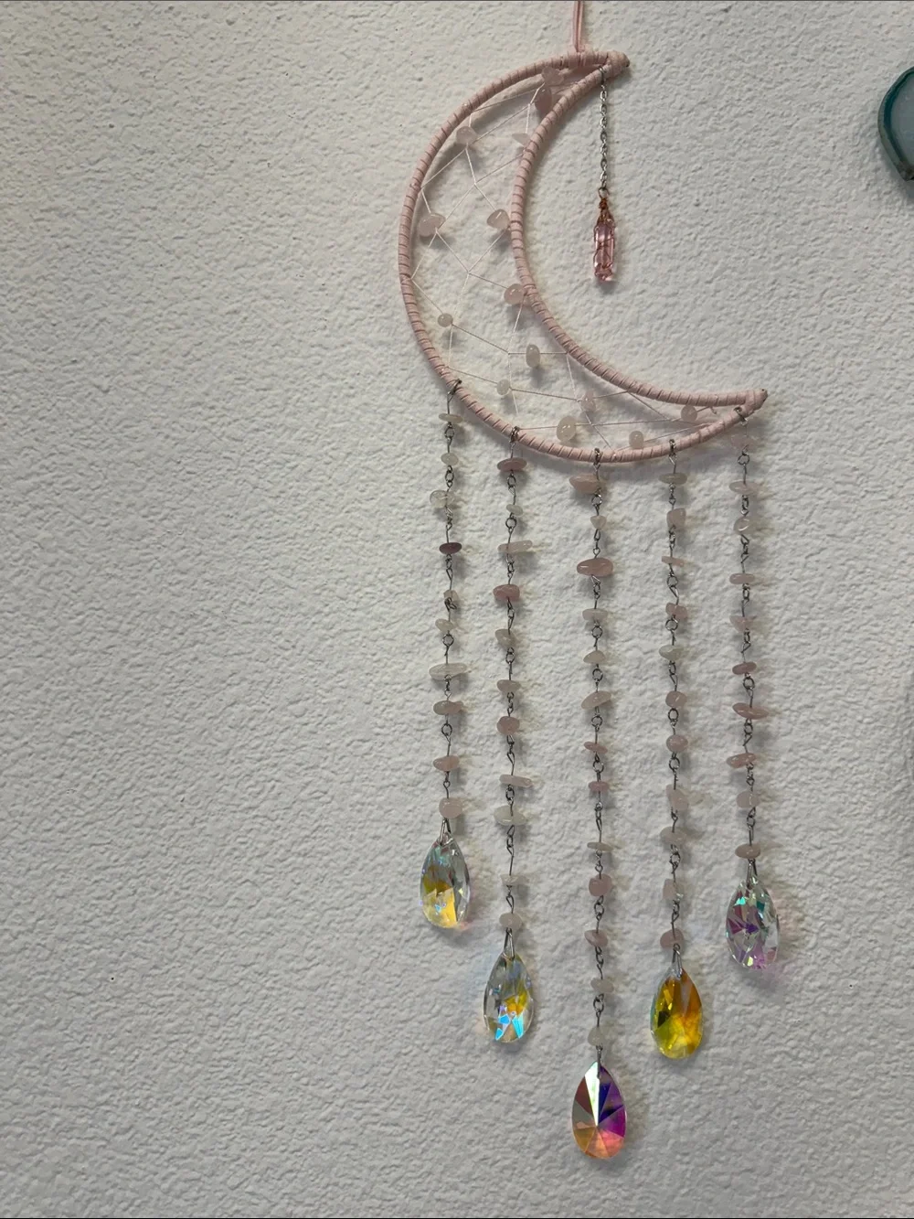 Pink Crescent Moon Crystal Wall Hanging - Boho Home Decor